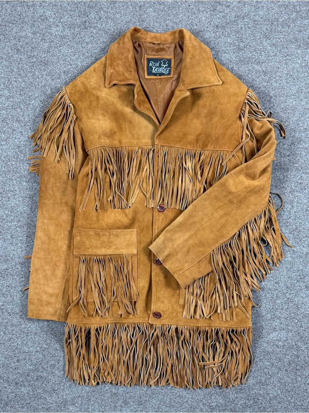 Vintage Tan Brown Genuine Leather Suede Cowboy Western Fringe Jacket Men’s Large